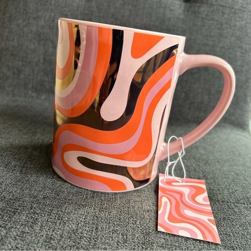 Groovy, Psychedelic Wave Design Coffee Mug, Pink, Orange, Gold Metallic, 20 oz